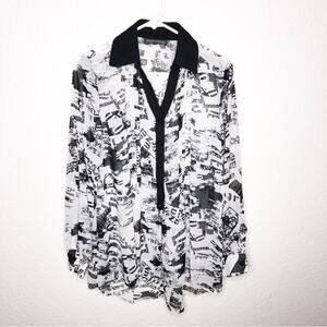 Vintage Mishca white black semi sheer graphic button down top Small 80s 90s